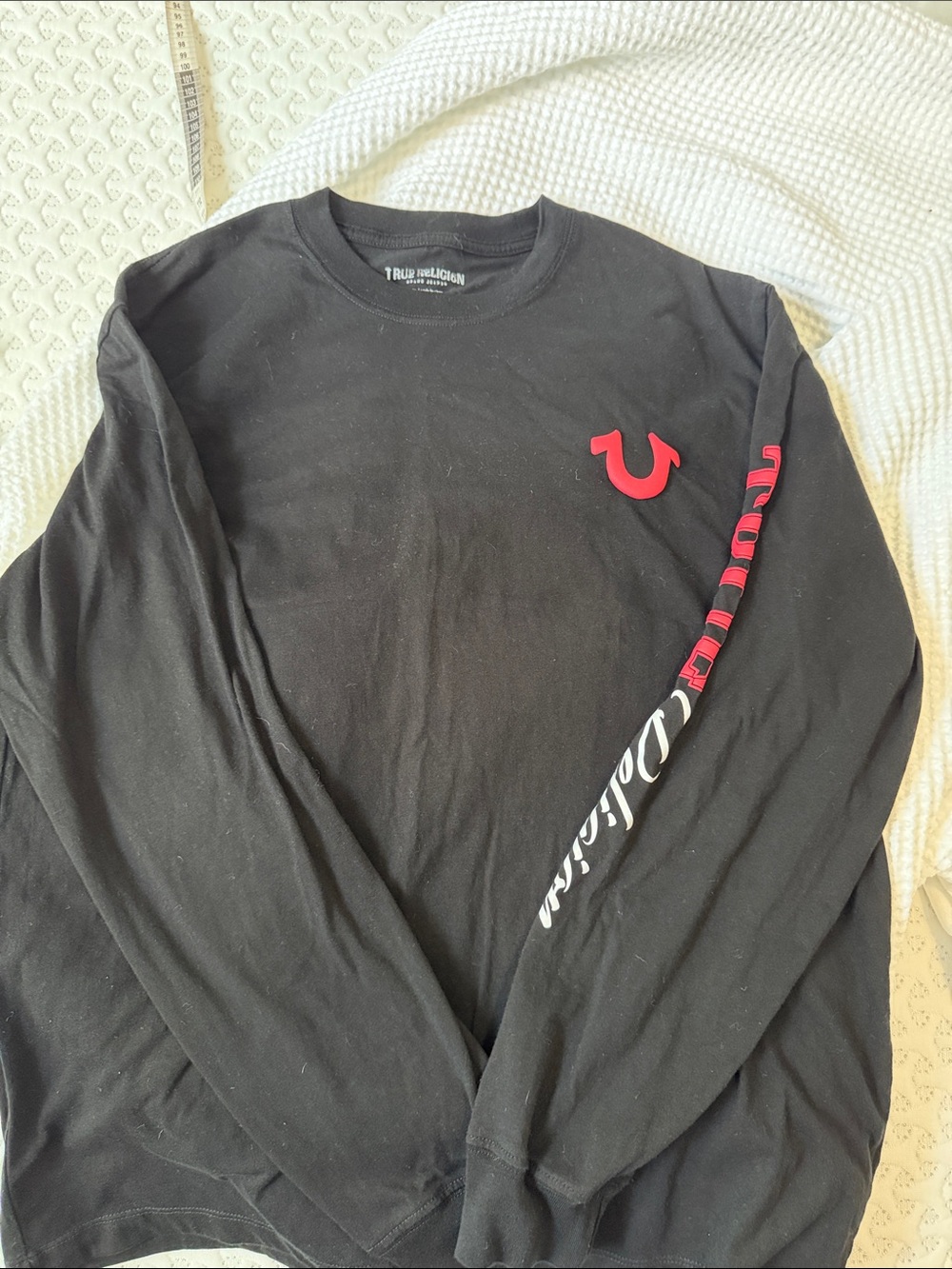 True Religion Men’s Black Long Sleeve Tee with Red Logo Accents